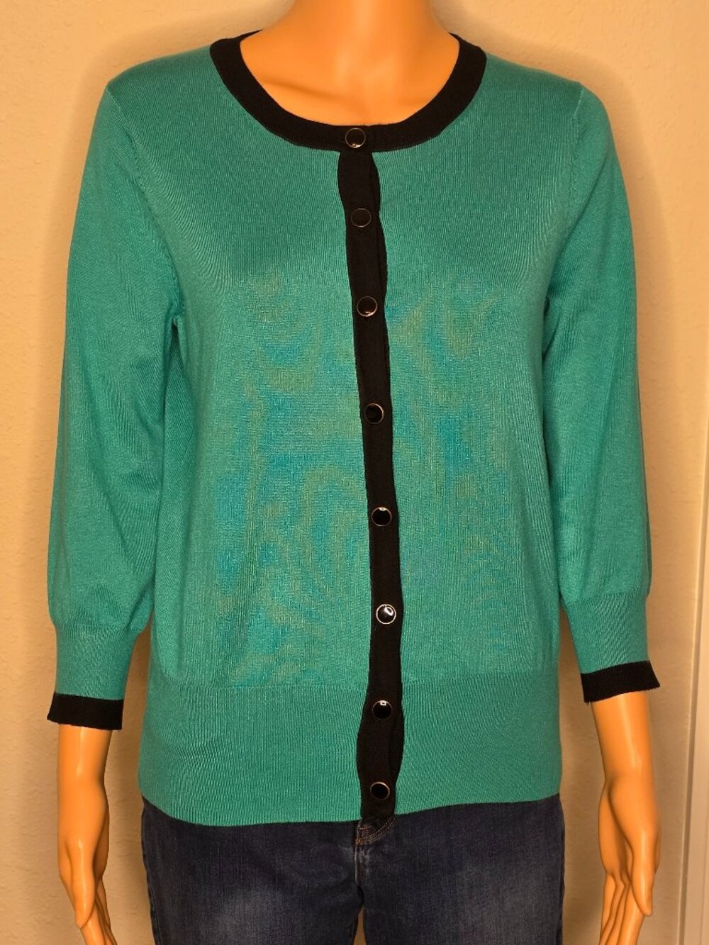 Grace Cardigan Women's Sweater, Turquoise and Black, Crew Neckline, Size Medium